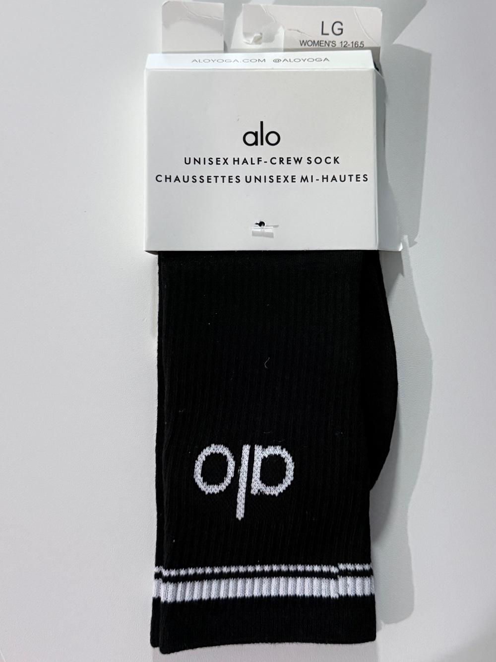 ALO Yoga Black Unisex Half-Crew Sock with White Logo